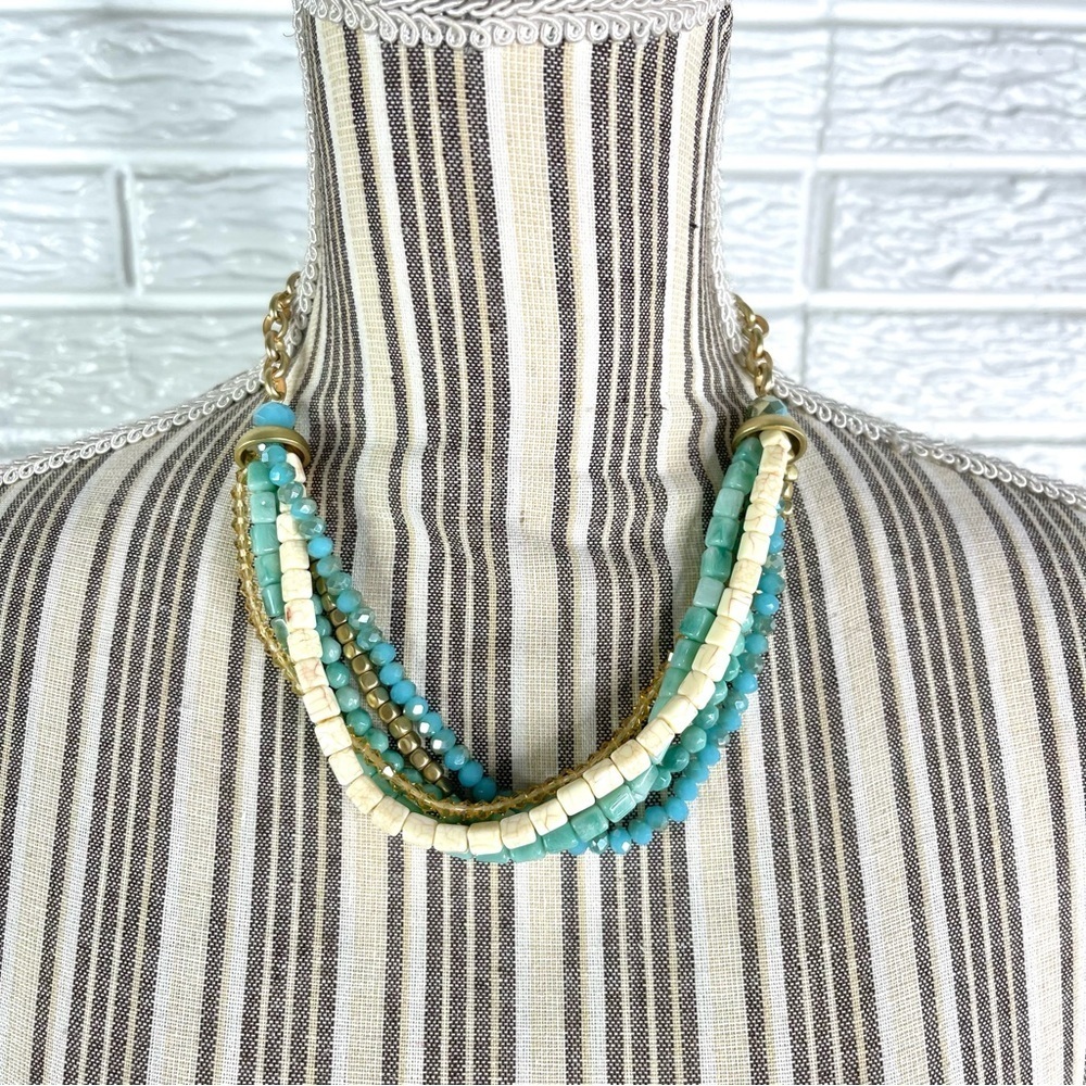 Ethel & Myrtle Chunky Multi-Strand Beaded Necklace Gold Tone Turquoise Cream
